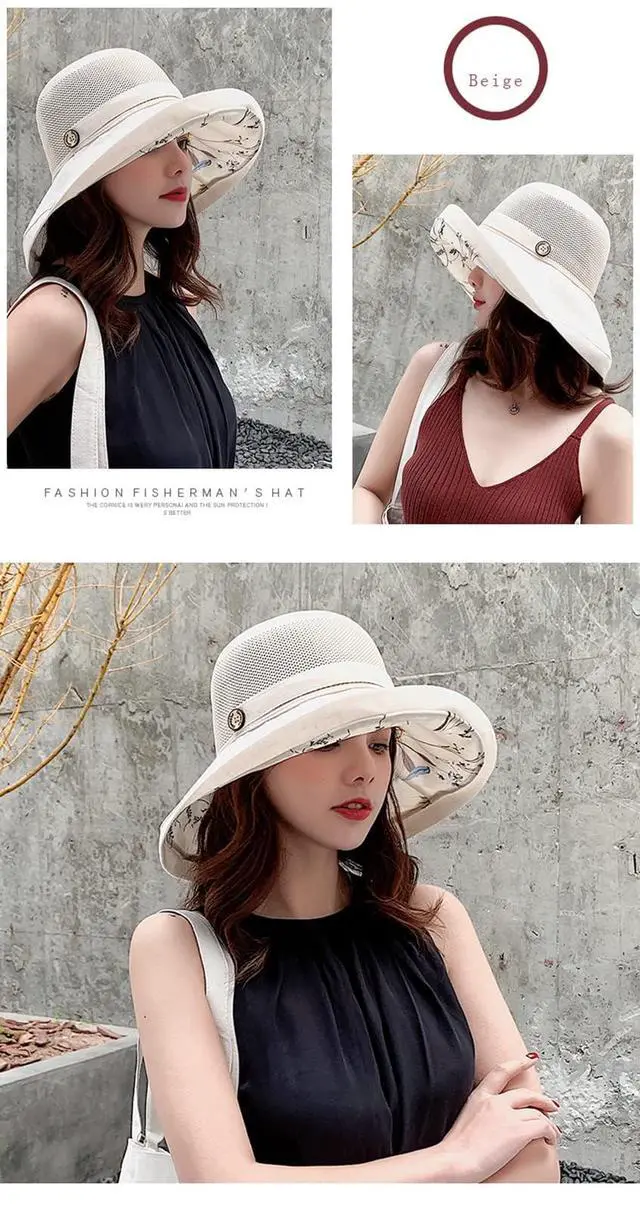 Alt view image 6 of 7 - Summer Mesh Sun Hats for Women UV Protection Wide Brim Packable Beach Bucket Hat Beige