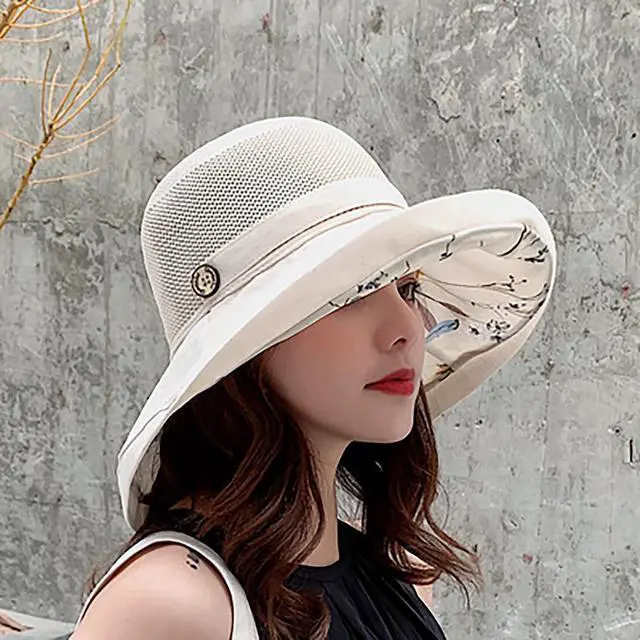 Alt view image 7 of 7 - Summer Mesh Sun Hats for Women UV Protection Wide Brim Packable Beach Bucket Hat Beige