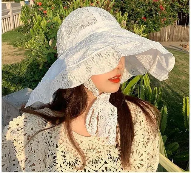 Alt view image 2 of 6 - Women Sun Hat Wide Brim Lace Sunscreen Hat with Ribbon Folding Beach Cap Summer Sun Hat Elegant Vintage Dress Hats White