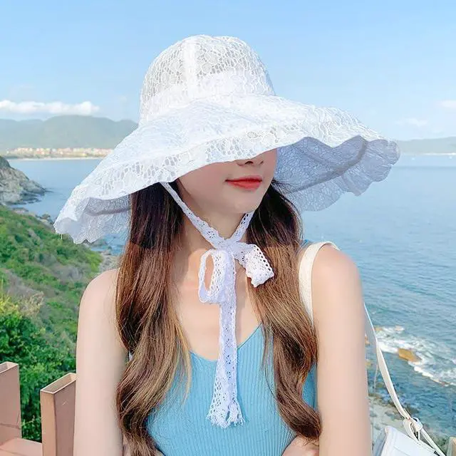 Alt view image 4 of 6 - Women Sun Hat Wide Brim Lace Sunscreen Hat with Ribbon Folding Beach Cap Summer Sun Hat Elegant Vintage Dress Hats White