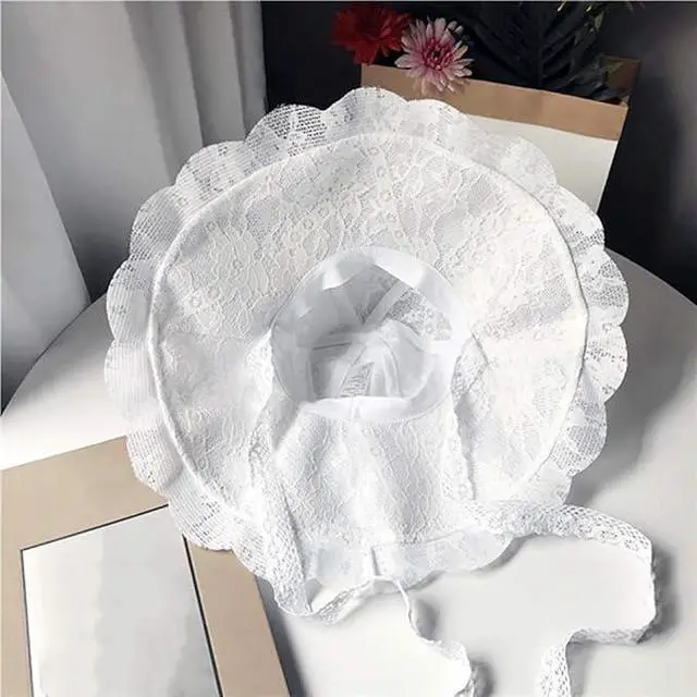 Alt view image 5 of 6 - Women Sun Hat Wide Brim Lace Sunscreen Hat with Ribbon Folding Beach Cap Summer Sun Hat Elegant Vintage Dress Hats White