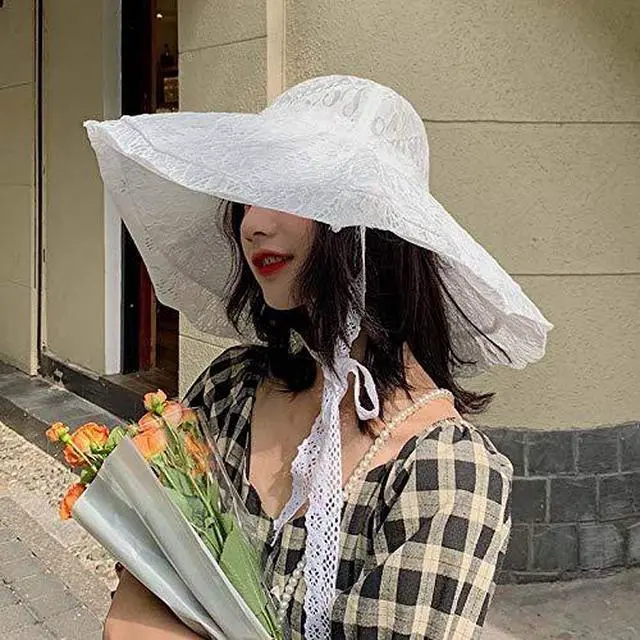Alt view image 3 of 6 - Women Sun Hat Wide Brim Lace Sunscreen Hat with Ribbon Folding Beach Cap Summer Sun Hat Elegant Vintage Dress Hats White