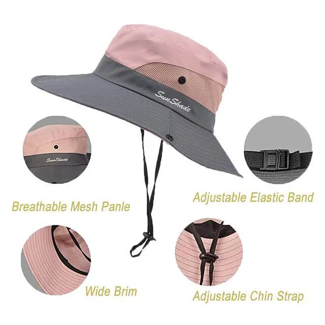 Alt view image 3 of 6 - Women's Summer Sun-Hat Ponytail - Outdoor UV-Protection Mesh Wide Brim Foldable Hat with Ponytail Hole (Pink)