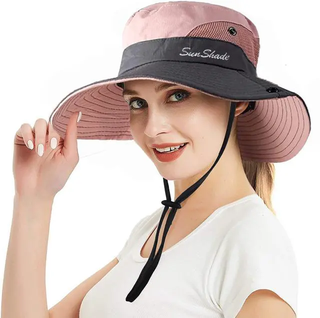 Alt view image 5 of 6 - Women's Summer Sun-Hat Ponytail - Outdoor UV-Protection Mesh Wide Brim Foldable Hat with Ponytail Hole (Pink)