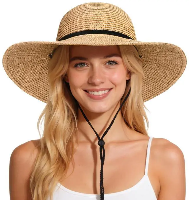 Main image of Sun Hats for Women, Wind Lanyard Wide Brim Straw Hat for Summer Beach Garden Vacation Foldable UPF 50+ Khaki