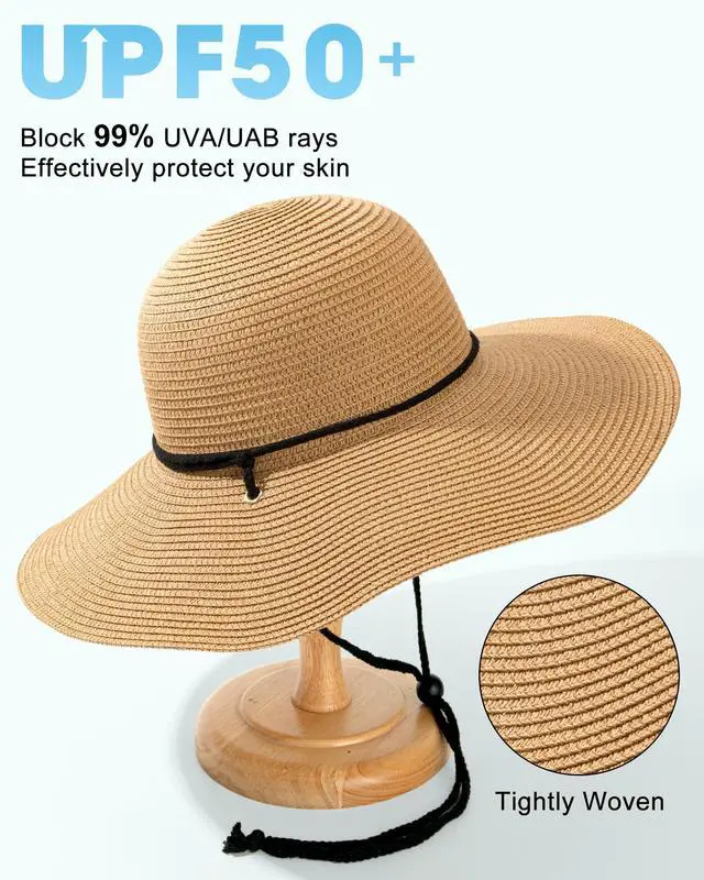 Alt view image 2 of 6 - Sun Hats for Women, Wind Lanyard Wide Brim Straw Hat for Summer Beach Garden Vacation Foldable UPF 50+ Khaki