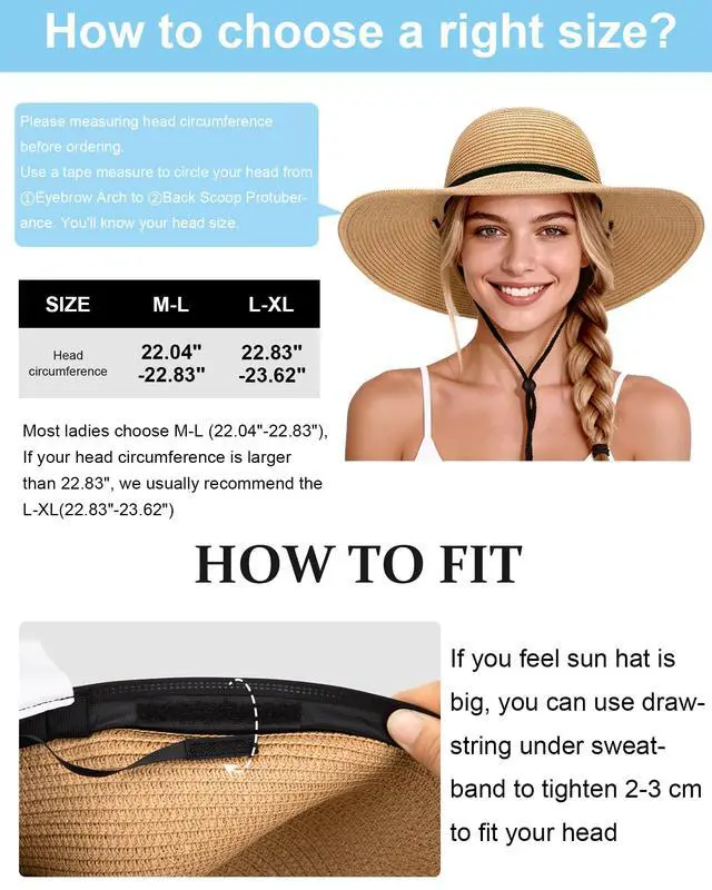 Alt view image 3 of 6 - Sun Hats for Women, Wind Lanyard Wide Brim Straw Hat for Summer Beach Garden Vacation Foldable UPF 50+ Khaki