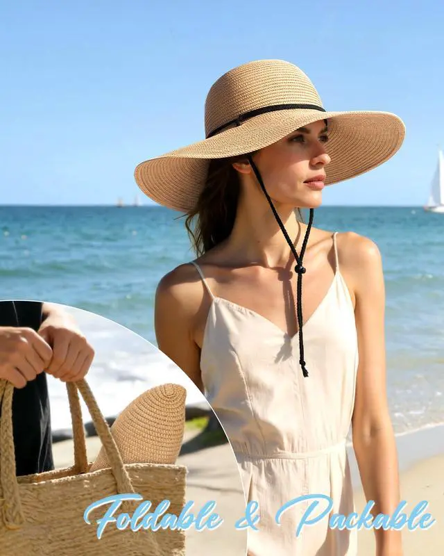 Alt view image 4 of 6 - Sun Hats for Women, Wind Lanyard Wide Brim Straw Hat for Summer Beach Garden Vacation Foldable UPF 50+ Khaki