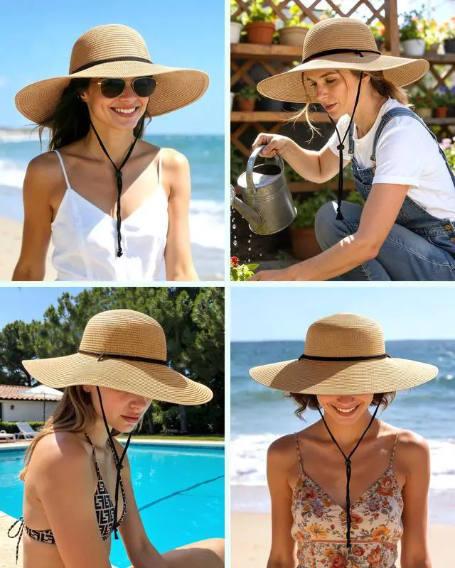 Alt view image 6 of 6 - Sun Hats for Women, Wind Lanyard Wide Brim Straw Hat for Summer Beach Garden Vacation Foldable UPF 50+ Khaki