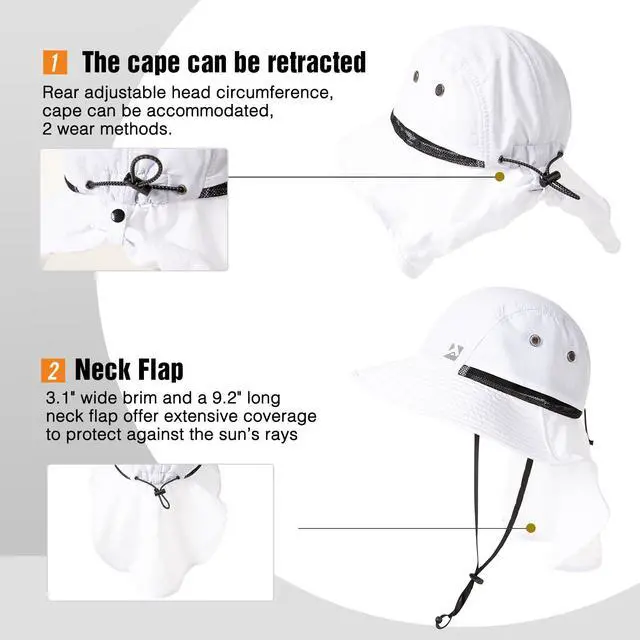 Alt view image 2 of 7 - Oversized XL XXL Mens Sun Hat Big Head Neck Flap Shade Waterproof UPF50+ Wide Brim Hat Fishing Safari Hiking (US, Alpha, Large, X-Large, White)
