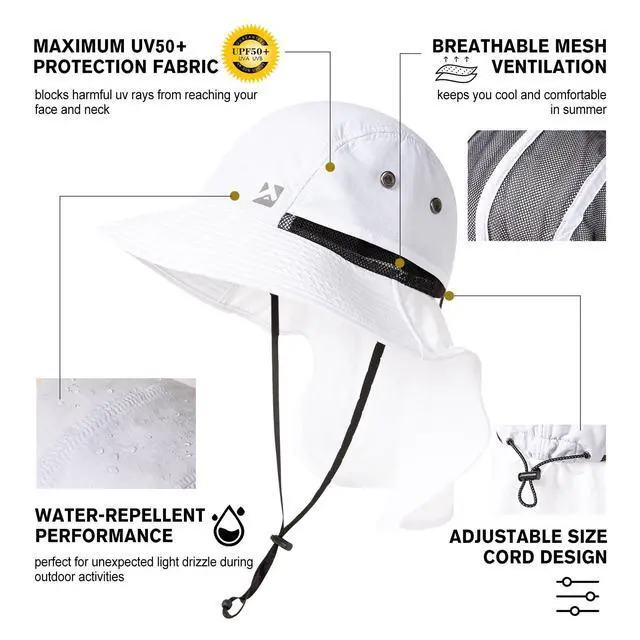 Alt view image 3 of 7 - Oversized XL XXL Mens Sun Hat Big Head Neck Flap Shade Waterproof UPF50+ Wide Brim Hat Fishing Safari Hiking (US, Alpha, Large, X-Large, White)