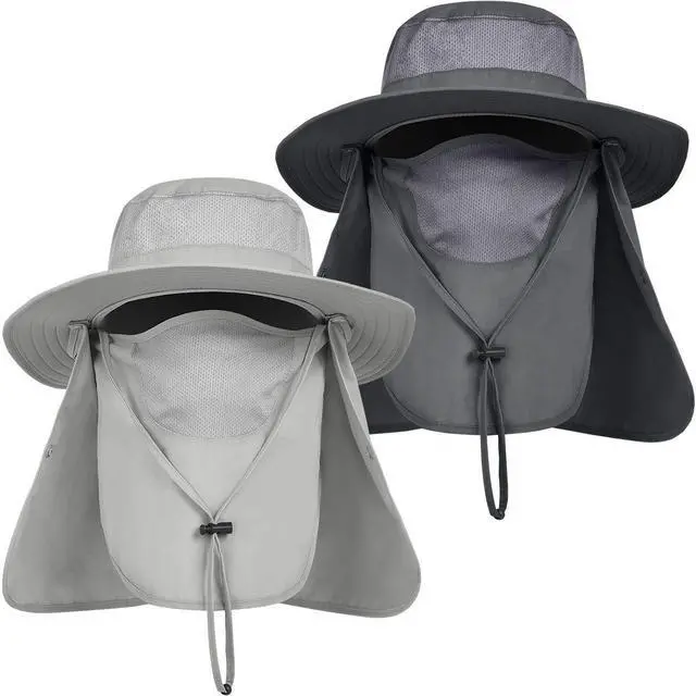 Main image of 2 Pack Mens Outdoor Sun Hat with Face Neck Flap UV Protection for Fishing Hiking Garden (2 Pack-Dark GrayLight Gray)