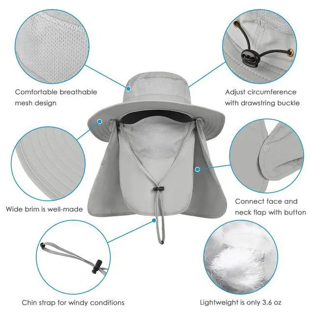 Alt view image 4 of 7 - 2 Pack Mens Outdoor Sun Hat with Face Neck Flap UV Protection for Fishing Hiking Garden (2 Pack-Dark GrayLight Gray)