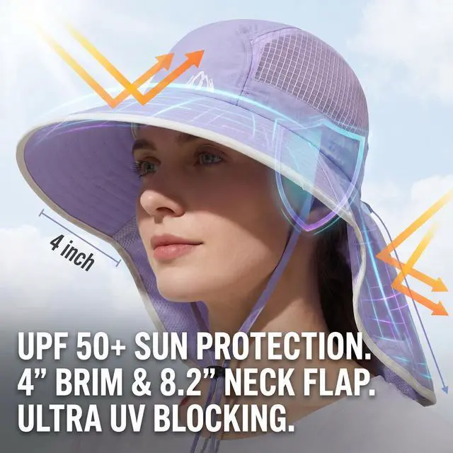 Alt view image 2 of 6 - Womens Wide Brim UV Sun Protection Hats Foldable Waterproof Fish Hat Women with Neck Flap Light-Purple