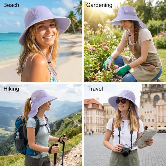 Alt view image 6 of 6 - Womens Wide Brim UV Sun Protection Hats Foldable Waterproof Fish Hat Women with Neck Flap Light-Purple