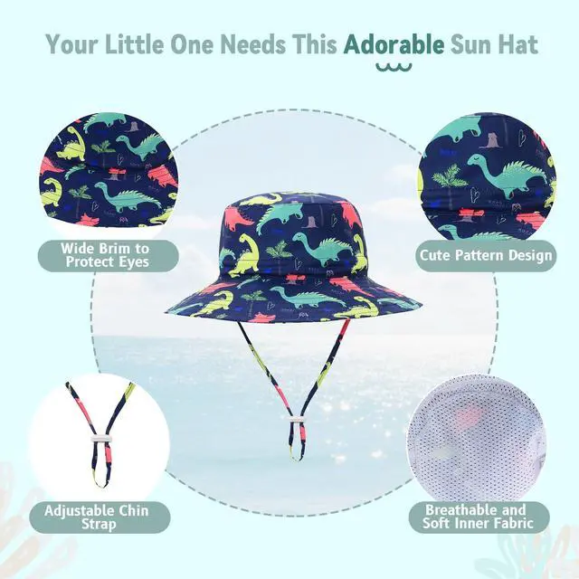 Alt view image 3 of 6 - Baby Sun Hat UPF 50+ Sun Protective Toddler Bucket Hat Summer Kids Beach Hats Wide Brim Outdoor Play Hat for Boys Girls Navy Dinosaur 2-4T