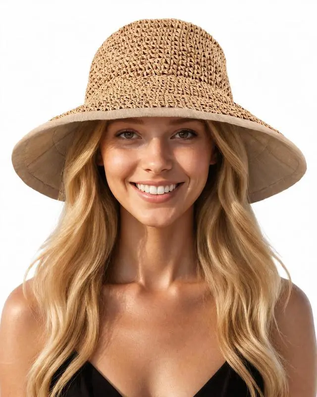 Main image of Sun Hats for Women UV Protection Handmade Wide Brim Packable Straw Bucket Hat for Beach Summer Vacation Travel Khaki
