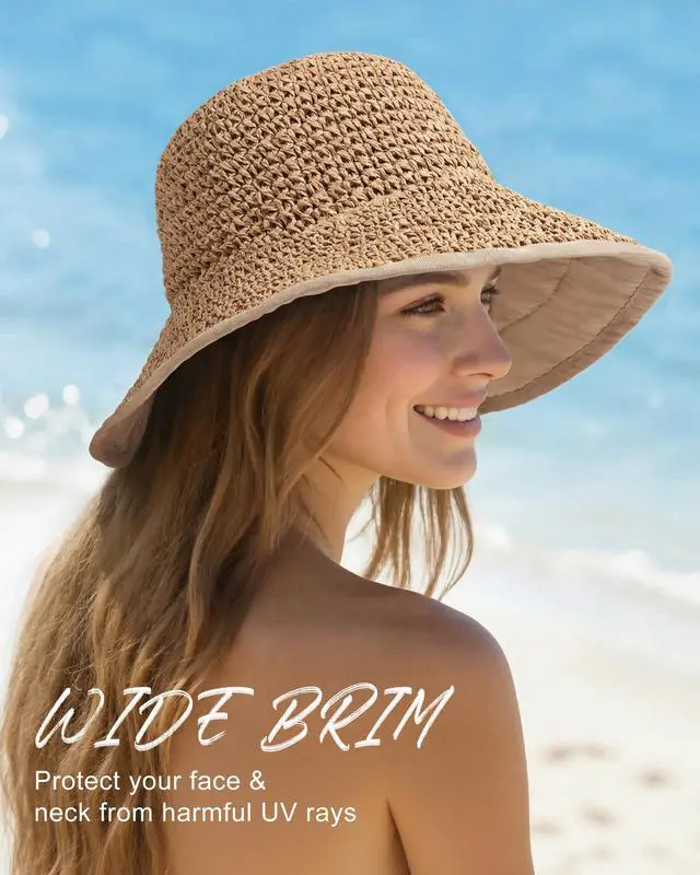Alt view image 3 of 6 - Sun Hats for Women UV Protection Handmade Wide Brim Packable Straw Bucket Hat for Beach Summer Vacation Travel Khaki