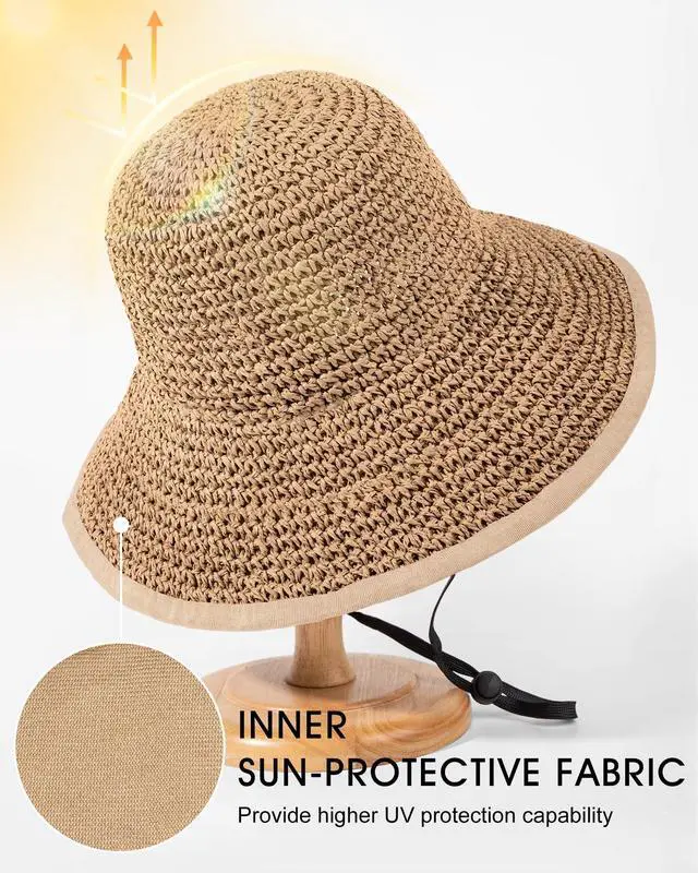 Alt view image 2 of 6 - Sun Hats for Women UV Protection Handmade Wide Brim Packable Straw Bucket Hat for Beach Summer Vacation Travel Khaki