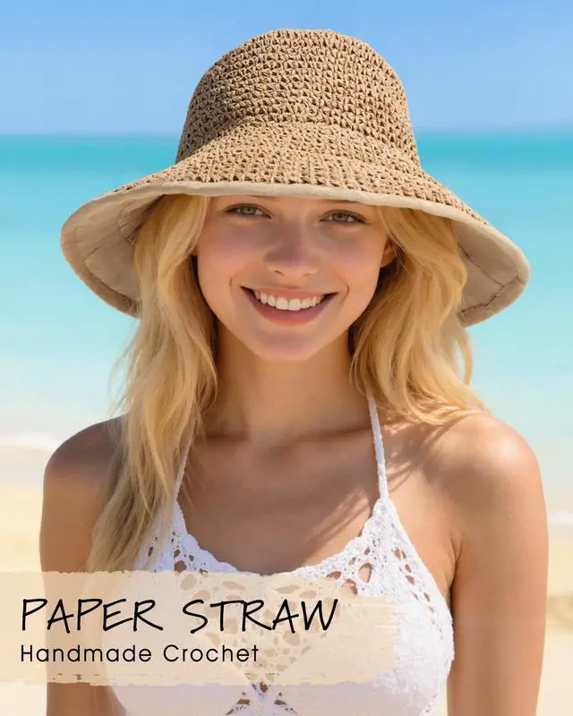 Alt view image 5 of 6 - Sun Hats for Women UV Protection Handmade Wide Brim Packable Straw Bucket Hat for Beach Summer Vacation Travel Khaki
