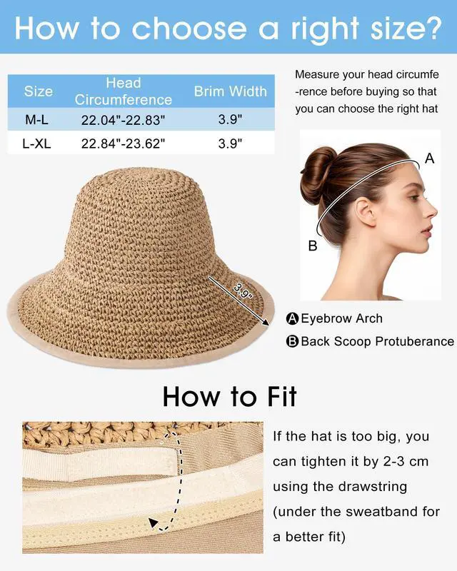 Alt view image 4 of 6 - Sun Hats for Women UV Protection Handmade Wide Brim Packable Straw Bucket Hat for Beach Summer Vacation Travel Khaki
