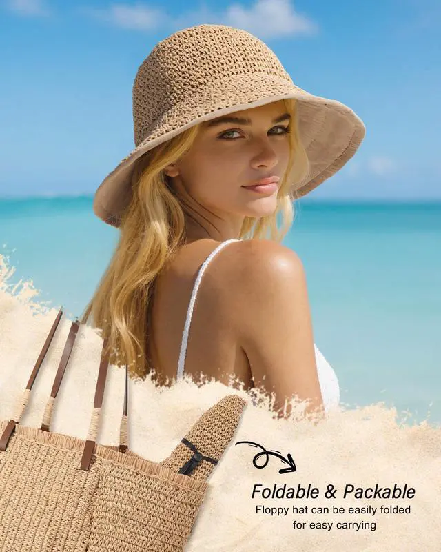 Alt view image 6 of 6 - Sun Hats for Women UV Protection Handmade Wide Brim Packable Straw Bucket Hat for Beach Summer Vacation Travel Khaki