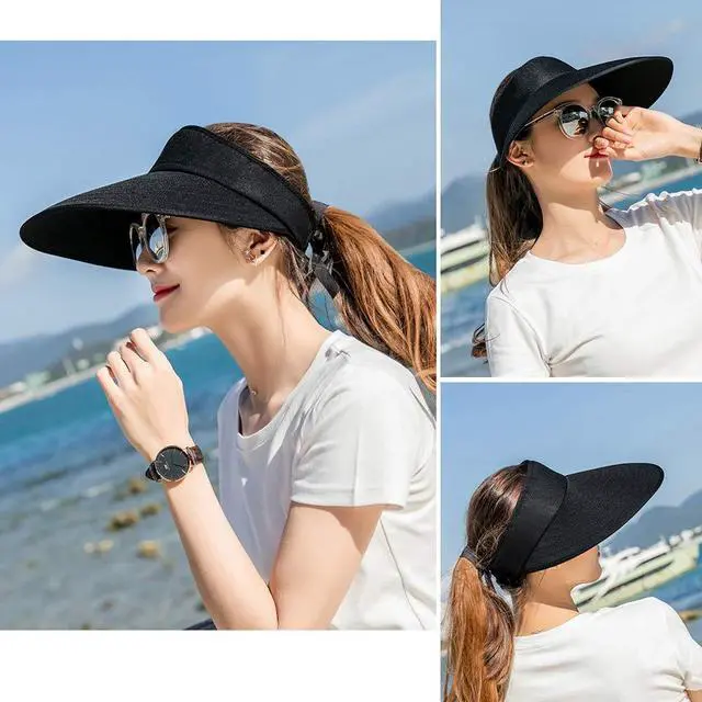 Alt view image 6 of 6 - Sun Visor Hats Women Large Brim Summer UV Protection Beach Cap Black