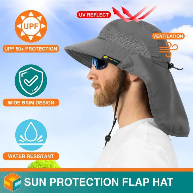 Alt view image 2 of 7 - Wide Brim Sun Hat with Neck Flap, Fishing Hiking for Men Women Safari, Neck Cover for Outdoor Sun Protection UPF50+ | Gray