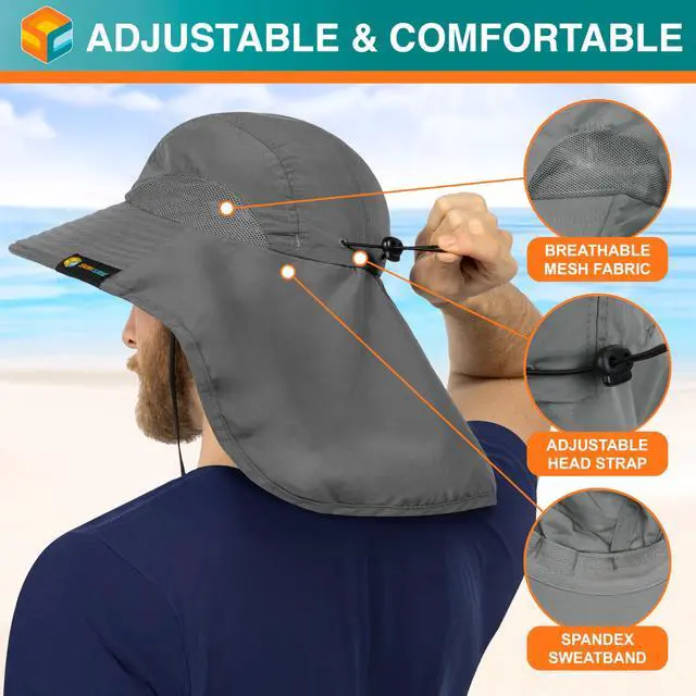 Alt view image 3 of 7 - Wide Brim Sun Hat with Neck Flap, Fishing Hiking for Men Women Safari, Neck Cover for Outdoor Sun Protection UPF50+ | Gray