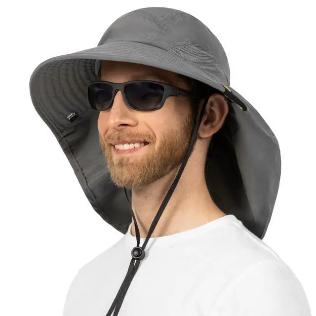 Alt view image 6 of 7 - Wide Brim Sun Hat with Neck Flap, Fishing Hiking for Men Women Safari, Neck Cover for Outdoor Sun Protection UPF50+ | Gray