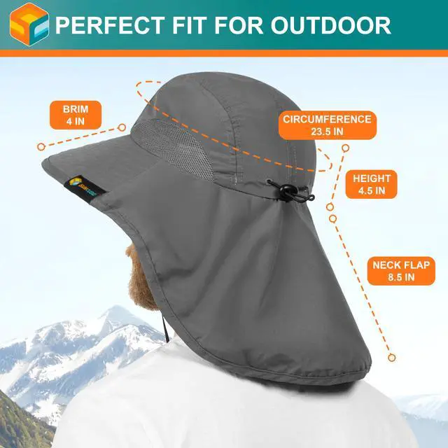 Alt view image 4 of 7 - Wide Brim Sun Hat with Neck Flap, Fishing Hiking for Men Women Safari, Neck Cover for Outdoor Sun Protection UPF50+ | Gray
