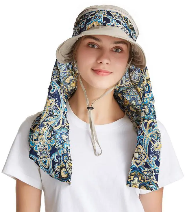 Main image of Women Sun Hats UPF 50 Sun Protection Hat Summer Outdoor Neck Shield Flap Visor Hat Ponytail Hats Wide Brim Beach Hat (Brown)