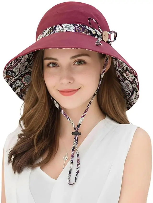 Main image of Women Bohemian Reversible Floral Sun Hat Wide Brim Cotton Outdoor Bucket Fishing Hats UV Protection Safari Beach Travel