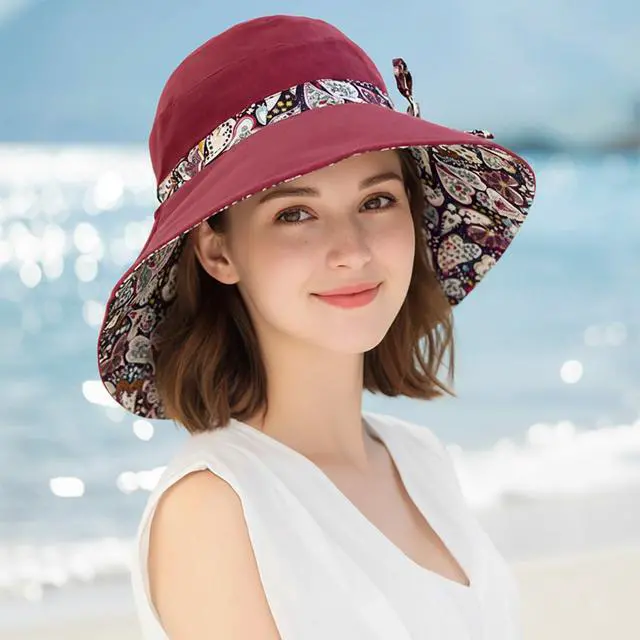 Alt view image 2 of 7 - Women Bohemian Reversible Floral Sun Hat Wide Brim Cotton Outdoor Bucket Fishing Hats UV Protection Safari Beach Travel