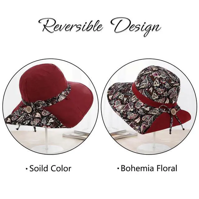 Alt view image 3 of 7 - Women Bohemian Reversible Floral Sun Hat Wide Brim Cotton Outdoor Bucket Fishing Hats UV Protection Safari Beach Travel