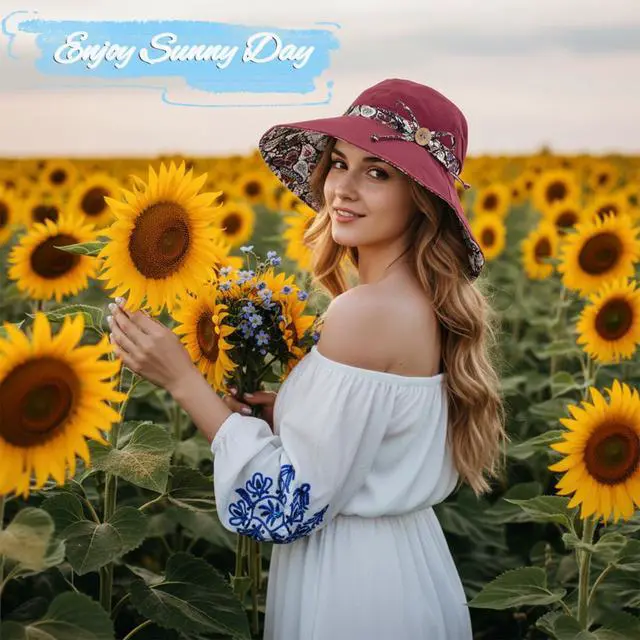 Alt view image 7 of 7 - Women Bohemian Reversible Floral Sun Hat Wide Brim Cotton Outdoor Bucket Fishing Hats UV Protection Safari Beach Travel