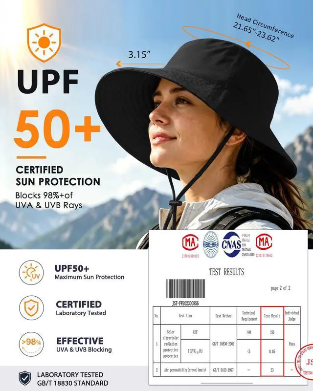 Alt view image 2 of 6 - Water-Resistant Sun UPF 50+ Bucket Hat Protection Packable Brimmed Boonie for Women Men Summer Lightweight Hiking Outdoor Cap Black