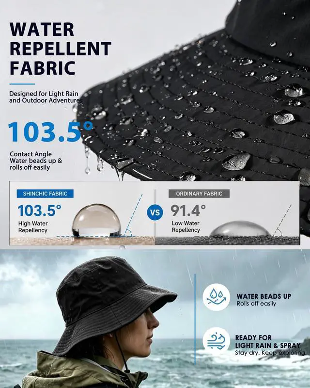 Alt view image 3 of 6 - Water-Resistant Sun UPF 50+ Bucket Hat Protection Packable Brimmed Boonie for Women Men Summer Lightweight Hiking Outdoor Cap Black