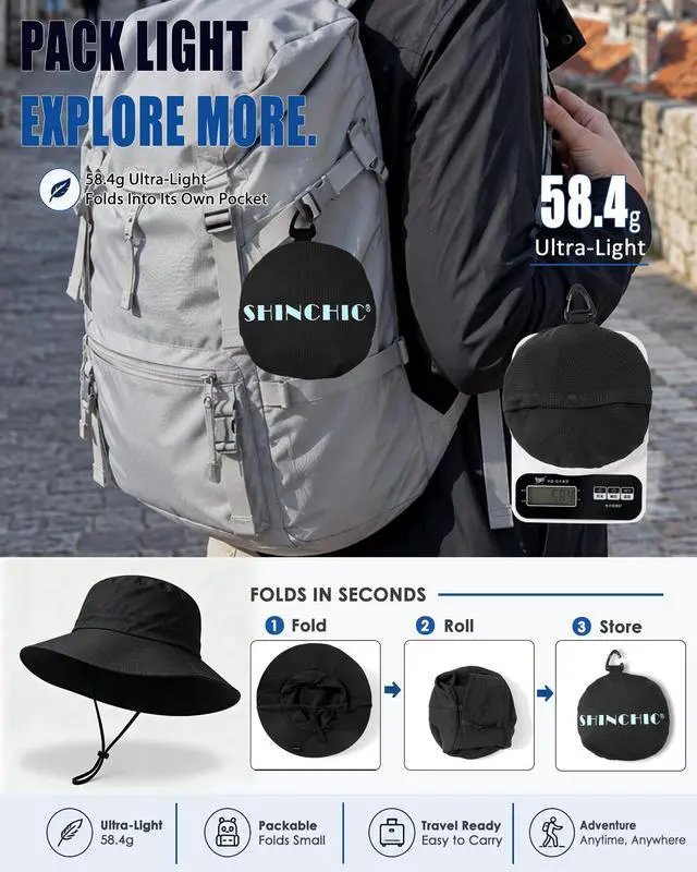 Alt view image 4 of 6 - Water-Resistant Sun UPF 50+ Bucket Hat Protection Packable Brimmed Boonie for Women Men Summer Lightweight Hiking Outdoor Cap Black