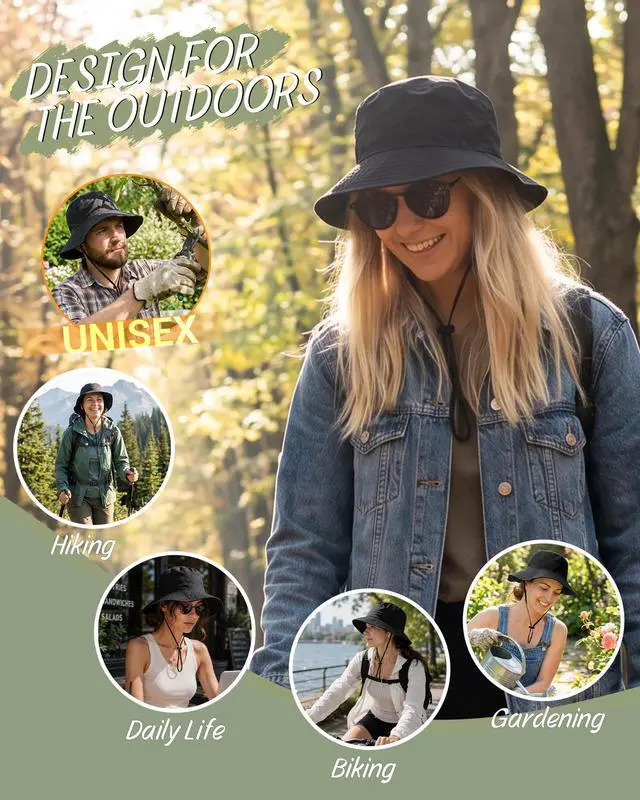 Alt view image 6 of 6 - Water-Resistant Sun UPF 50+ Bucket Hat Protection Packable Brimmed Boonie for Women Men Summer Lightweight Hiking Outdoor Cap Black
