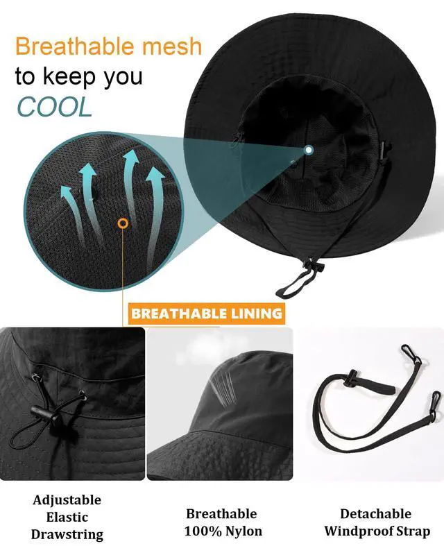 Alt view image 5 of 6 - Water-Resistant Sun UPF 50+ Bucket Hat Protection Packable Brimmed Boonie for Women Men Summer Lightweight Hiking Outdoor Cap Black