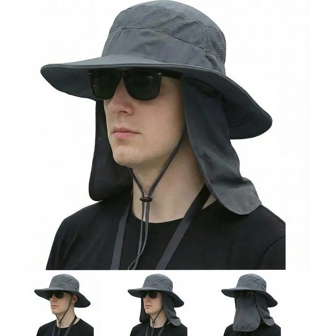 Main image of Sun Hat Bucket Hats for Men Women,Outdoor Wide Brim Fishing Hat with Detachable Face Cover & Neck Flap UV Protection DeepGrey