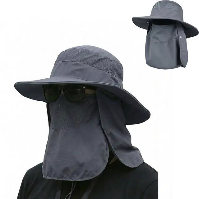 Alt view image 5 of 5 - Sun Hat Bucket Hats for Men Women,Outdoor Wide Brim Fishing Hat with Detachable Face Cover & Neck Flap UV Protection DeepGrey