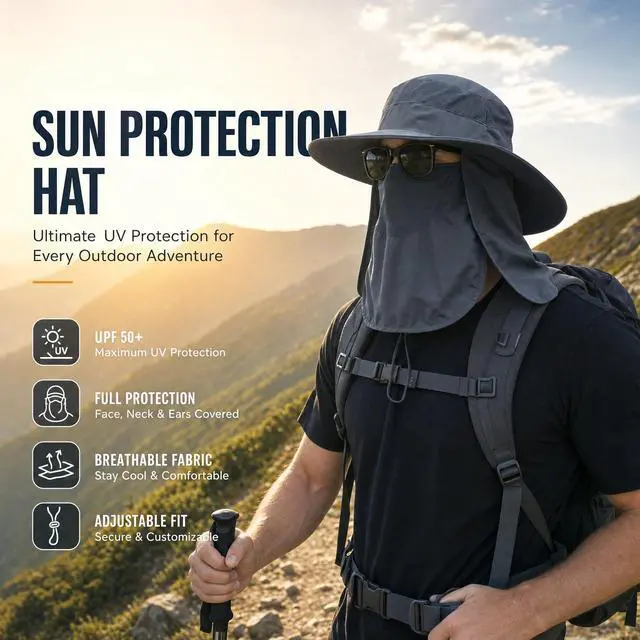 Alt view image 3 of 5 - Sun Hat Bucket Hats for Men Women,Outdoor Wide Brim Fishing Hat with Detachable Face Cover & Neck Flap UV Protection DeepGrey