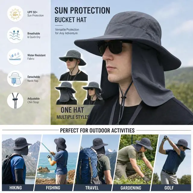 Alt view image 4 of 5 - Sun Hat Bucket Hats for Men Women,Outdoor Wide Brim Fishing Hat with Detachable Face Cover & Neck Flap UV Protection DeepGrey