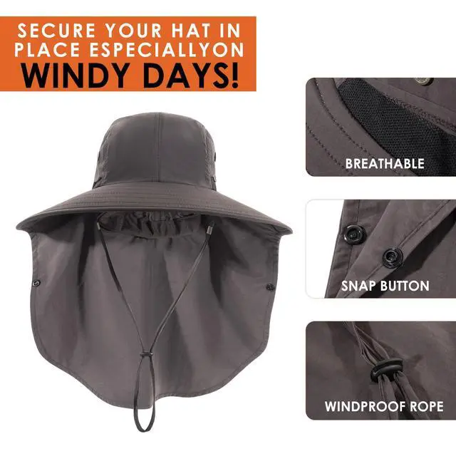 Alt view image 3 of 5 - Mens Women Fishing Hat UPF 50+ Wide Brim Sun Hat with Face Cover & Neck Flap Dark Gray