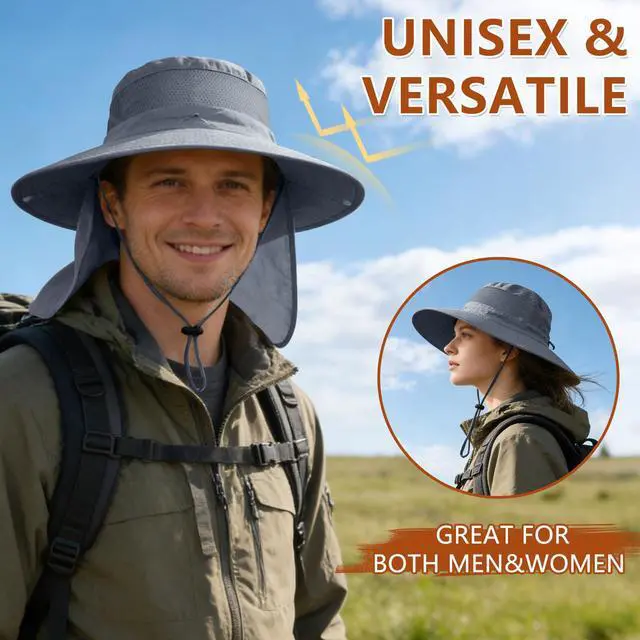 Alt view image 2 of 6 - Sun Hats for Men Women Fishing Hat with Neck Flap,UPF 50+ Sun Hat Waterproof Wide Brim Bucket Hats for Safari Hiking