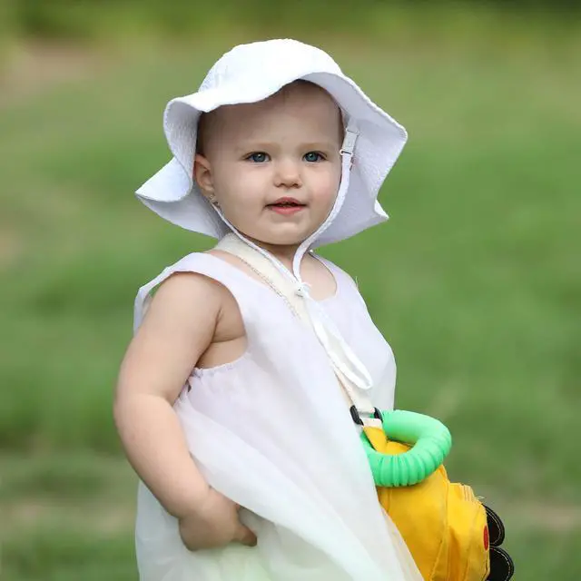 Alt view image 5 of 5 - Baby & Toddler Wide Brim Sun Hats UPF 50+ Sun Protection Bucket Cap Cute Adjustable Hat (wht Seersucker, 0-6M)
