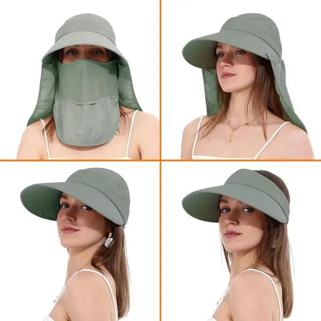Alt view image 2 of 6 - Women Sun Hats Detachable Wide Brim UV UPF 50+ Face Mask Visor with Neck Flap Hat for Summer Beach(Green)