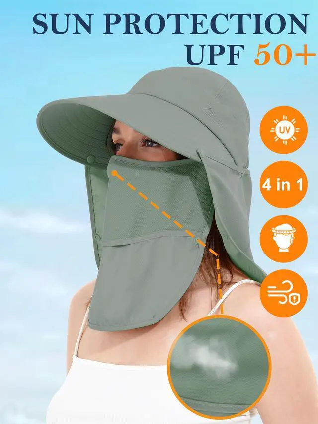 Alt view image 5 of 6 - Women Sun Hats Detachable Wide Brim UV UPF 50+ Face Mask Visor with Neck Flap Hat for Summer Beach(Green)